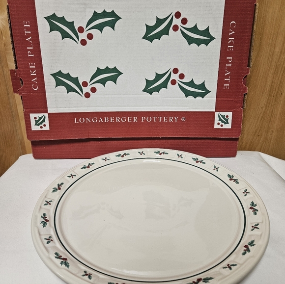 Longaberger Pottery Traditional Holly Cake Plate 14.5